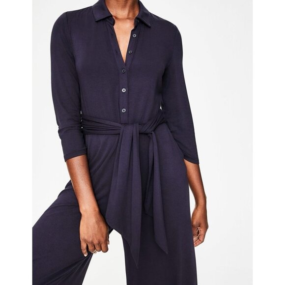 BODEN Beatrice Jersey Jumpsuit Size 8P Navy pockets Stretch Long Sleeves Belt - Picture 4 of 16
